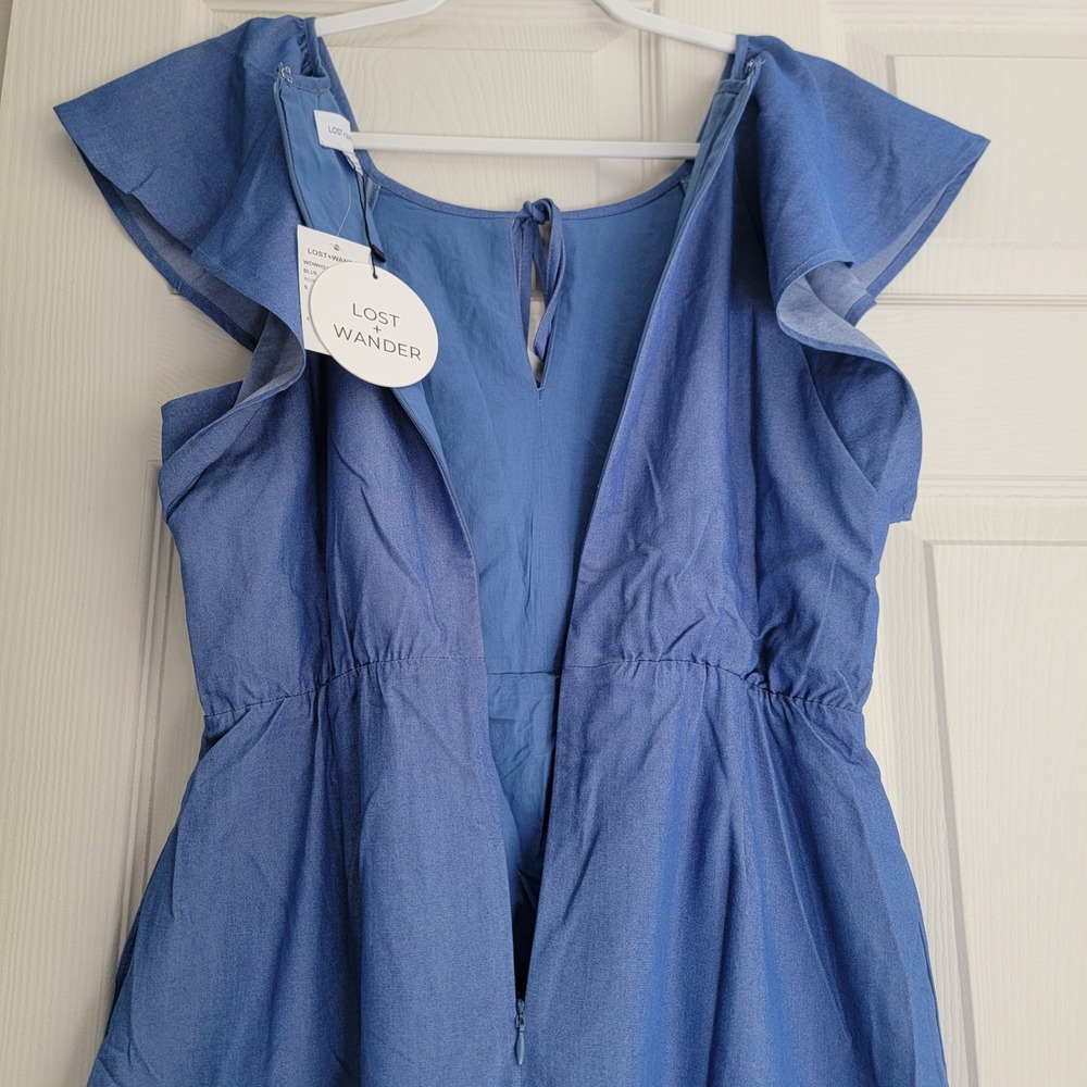 NWT Lost + Wander Riviera Midi Dress Blue Embroidered A-line Tiered Pocket Small - Picture 4 of 16